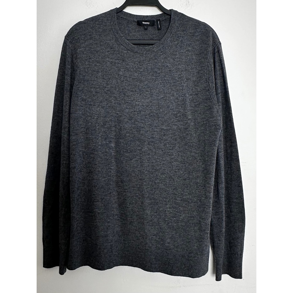 Theory Mens Riland P Harman Merino Wool‎ Blend Crewneck Sweater Gray Large Regal